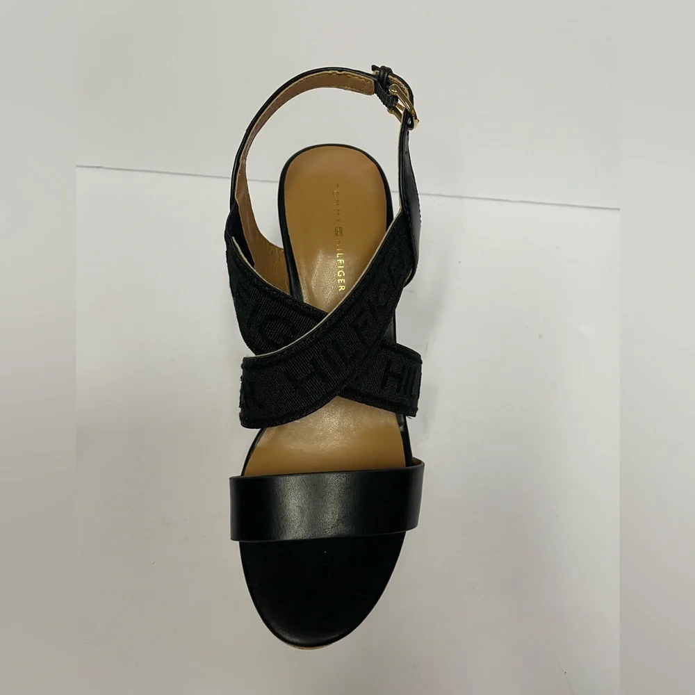 Tommy Hilfiger kezno vegan Black Wedge Sandals heels crisscross cork 6.5